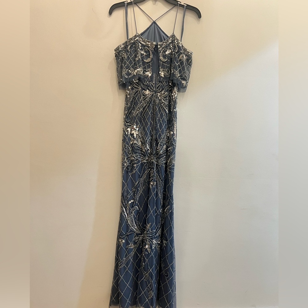 Brand new Aidan Mattox Womens Blue Beaded Off-The-Shoulder Evening Dress Gown - Picture 6 of 8